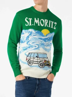 Maglia da uomo verde con stampa cartoline di St.Moritz