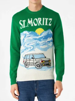 Maglia da uomo verde con stampa cartoline di St.Moritz