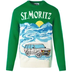 Maglia da uomo verde con stampa cartoline di St.Moritz