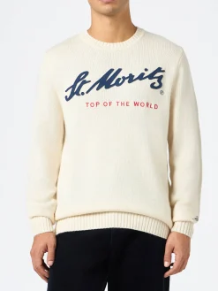 Maglione bianco da uomo Bombardino con stampa St. Moritz Top of the World | ST. MORITZ TOP OF THE WORLD SPECIAL EDITION