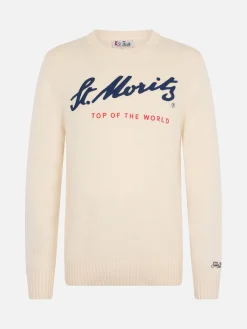 Maglione bianco da uomo Bombardino con stampa St. Moritz Top of the World | ST. MORITZ TOP OF THE WORLD SPECIAL EDITION