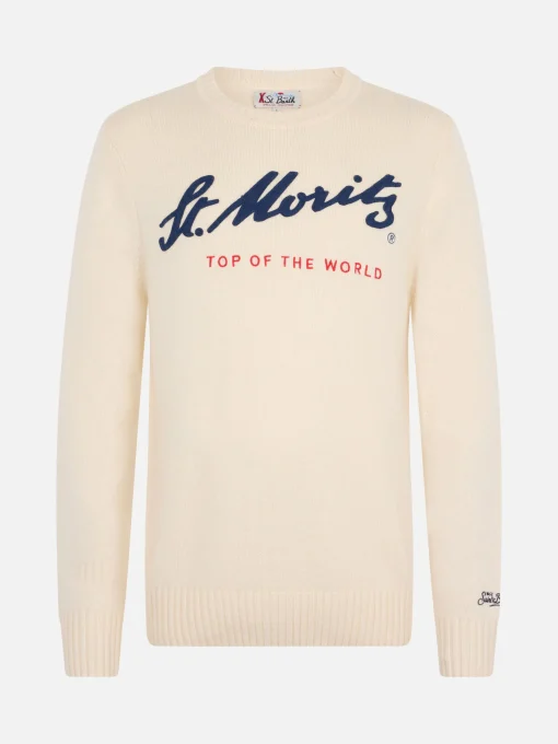 Maglione bianco da uomo Bombardino con stampa St. Moritz Top of the World | ST. MORITZ TOP OF THE WORLD SPECIAL EDITION