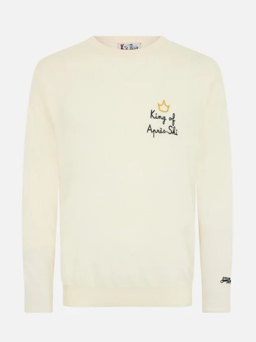 Maglione bianco da uomo Heron con ricamo King of apres ski
