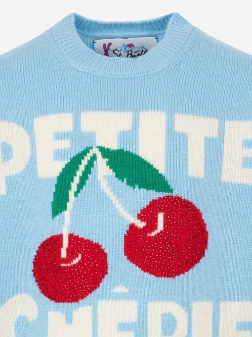 Maglione da bambina a girocollo con stampa ciliegie strass