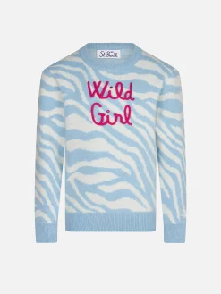 Maglione da bambina garzato stampa zebrata con ricamo Wild Girl
