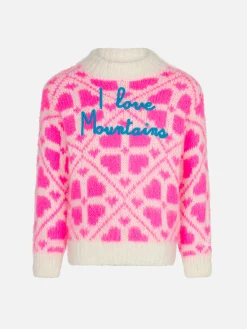Maglione da bambina girocollo garzato con stampa cuori
