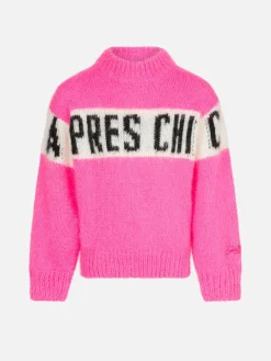 Maglione da bambina girocollo garzato con scritta Apres chic