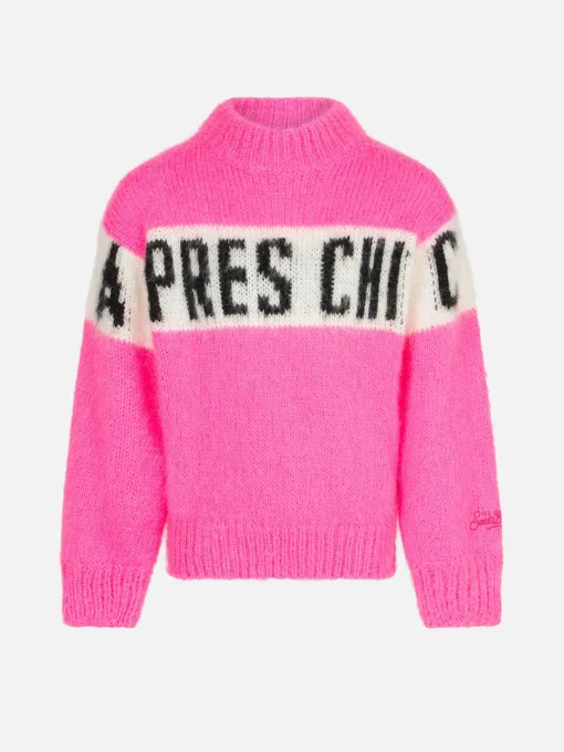 Maglione da bambina girocollo garzato con scritta Apres chic