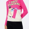Maglione da donna a girocollo rosa fluo con stampa cartolina I Hate Mountains