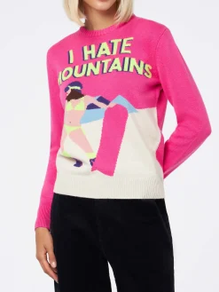 Maglione da donna a girocollo rosa fluo con stampa cartolina I Hate Mountains