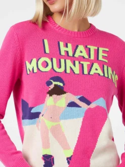 Maglione da donna a girocollo rosa fluo con stampa cartolina I Hate Mountains