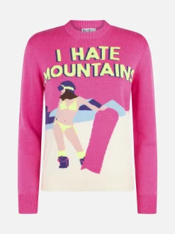 Maglione da donna a girocollo rosa fluo con stampa cartolina I Hate Mountains