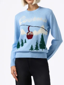 Maglione da donna azzurro chiaro New Queen Courma Pines stampa cartolina