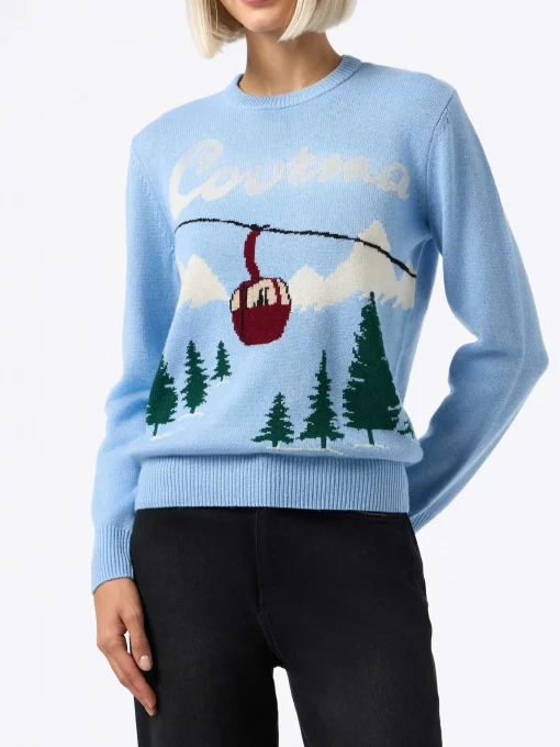 Maglione da donna azzurro chiaro New Queen Courma Pines stampa cartolina