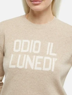 Maglione da donna beige New Queen con stampa Odio il Lunedì