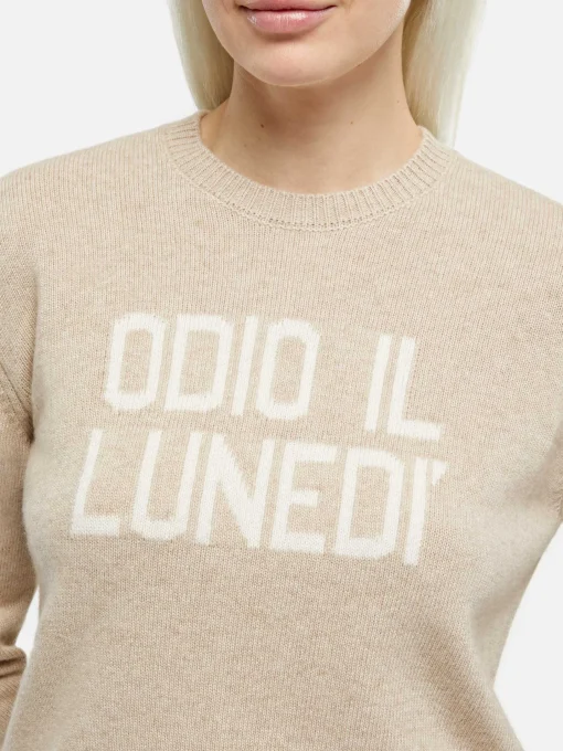 Maglione da donna beige New Queen con stampa Odio il Lunedì