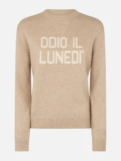 Maglione da donna beige New Queen con stampa Odio il Lunedì