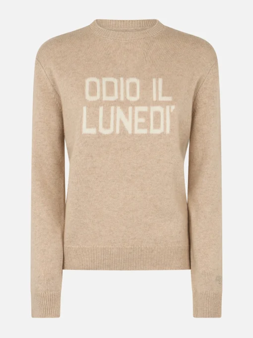 Maglione da donna beige New Queen con stampa Odio il Lunedì