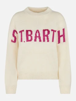 Maglione da donna bianco Danya con stampa St. Barth