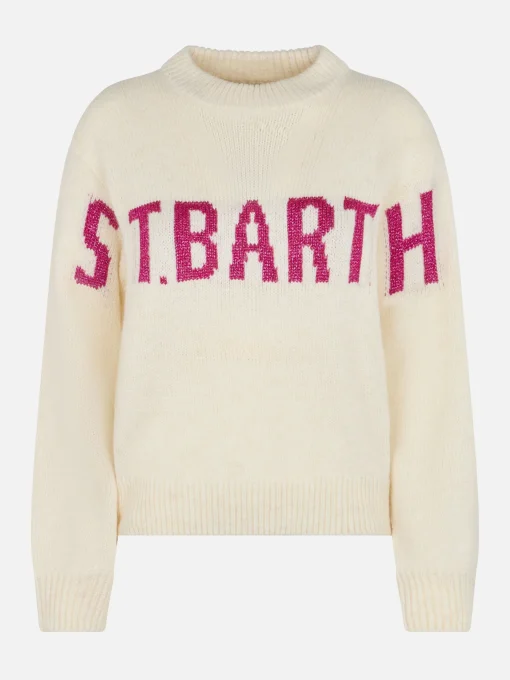 Maglione da donna bianco Danya con stampa St. Barth