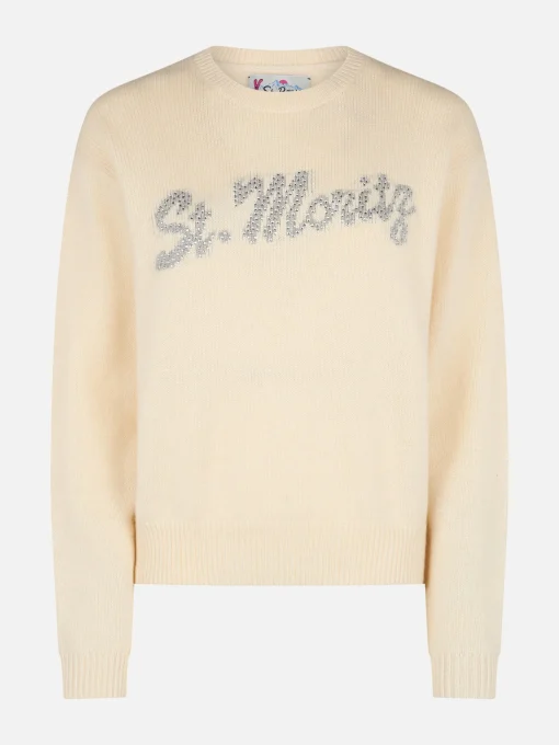 Maglione da donna bianco Louise con decorazioni in strass St. Moritz | ST. MORITZ TOP OF THE WORLD SPECIAL EDITION