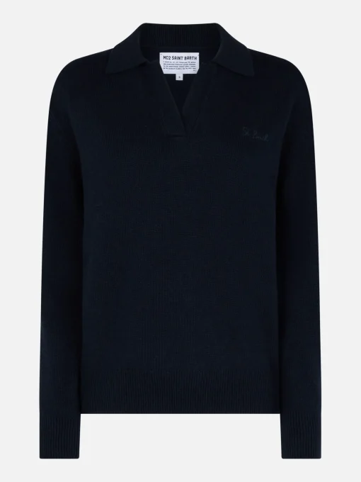 Maglione da donna blu navy Eze con collo polo