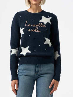 Maglione da donna blu New Queen con ricamo La notte vola e stampa stelle