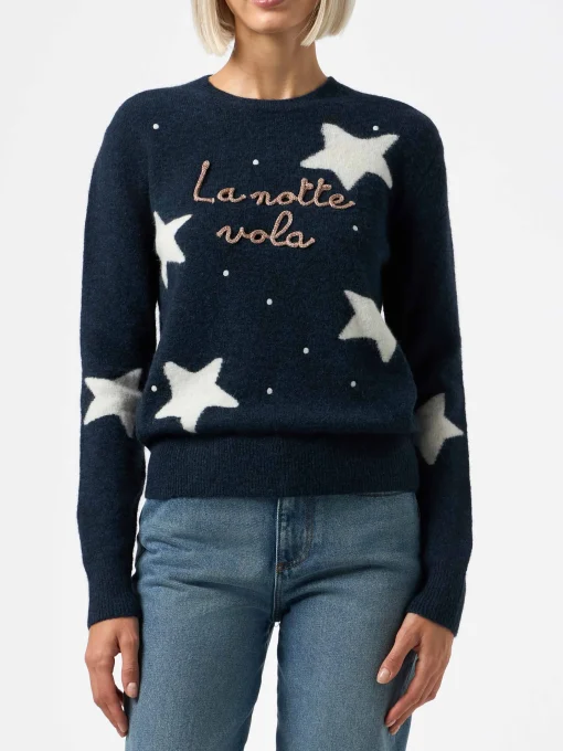 Maglione da donna blu New Queen con ricamo La notte vola e stampa stelle