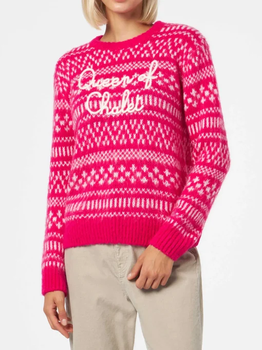 Maglione da donna girocollo con stampa fair isle e ricamo Queen of Chalet
