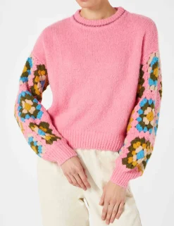 Maglione da donna girocollo ultra morbido con maniche lavorate all'uncinetto