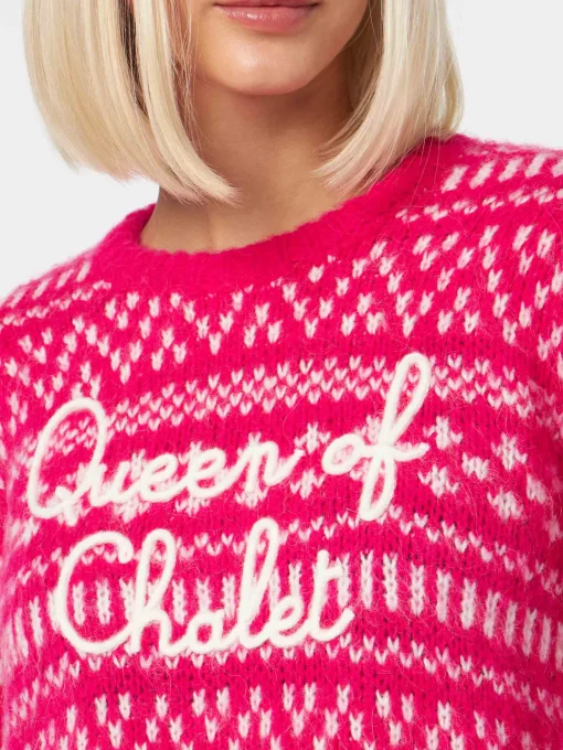Maglione da donna girocollo con stampa fair isle e ricamo Queen of Chalet