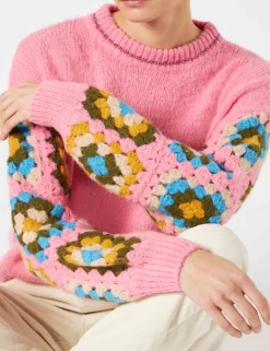 Maglione da donna girocollo ultra morbido con maniche lavorate all'uncinetto