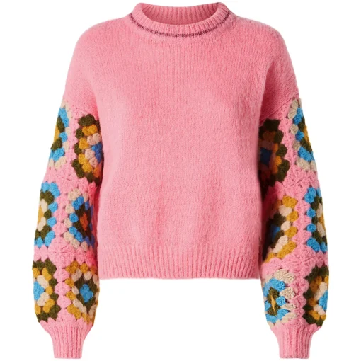 Maglione da donna girocollo ultra morbido con maniche lavorate all'uncinetto