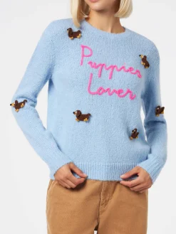 Maglione da donna in misto alpaca con patch cagnolini e ricamo Puppies Lover