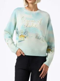 Maglione da donna in misto cashmere Louise con stampa chalet e ricamo Queen of Chalet