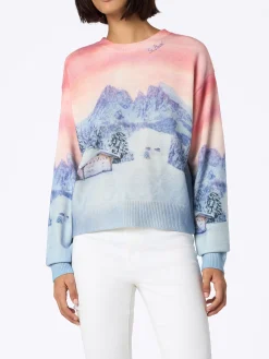 Maglione da donna in misto cashmere Louise con stampa tramonto chalet