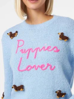 Maglione da donna in misto alpaca con patch cagnolini e ricamo Puppies Lover