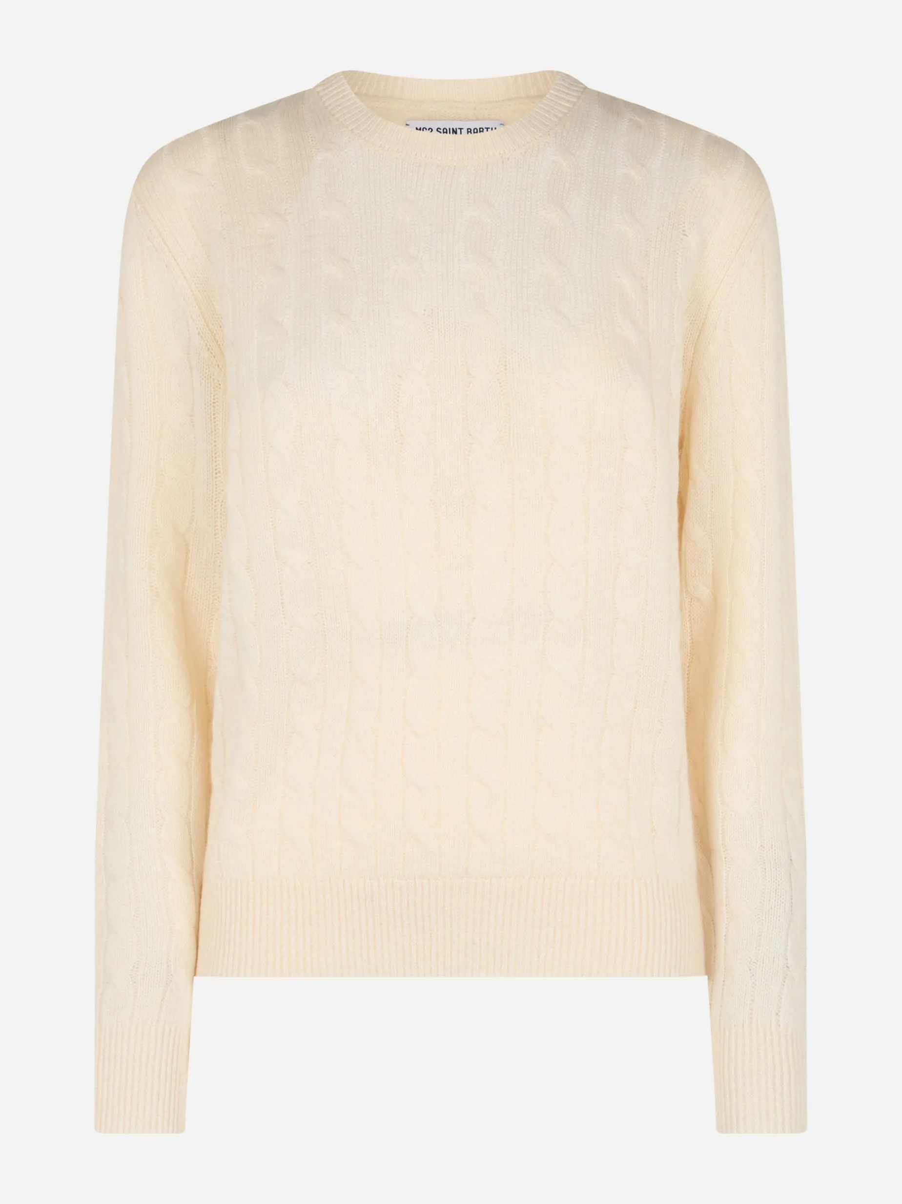Maglione da donna in misto cashmere lavorato a maglia a trecce bianco sporco Sorbonne