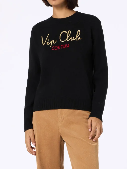 Maglione da donna nero New Queen con ricamo Vip club Cortina | VIP CLUB CORTINA SPECIAL EDITION