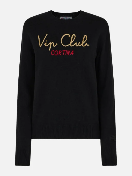 Maglione da donna nero New Queen con ricamo Vip club Cortina | VIP CLUB CORTINA SPECIAL EDITION