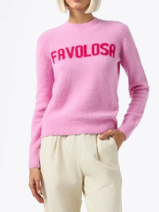 Maglione da donna rosa New Queen con stampa Favolosa