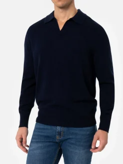 Maglione da uomo blu navy in misto cashmere con collo a polo Covent