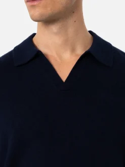 Maglione da uomo blu navy in misto cashmere con collo a polo Covent