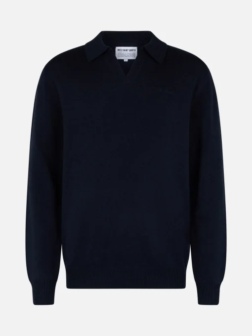 Maglione da uomo blu navy in misto cashmere con collo a polo Covent