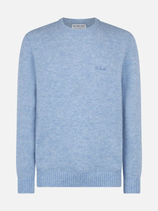 Maglione da uomo in lana stretch di colore azzurro con ricamo St. Barth