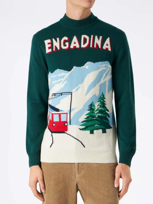 Maglione da uomo verde con cartolina lavorata a maglia