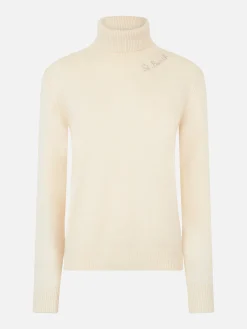 Maglione dolcevita bianco lavorato a maglia da donna