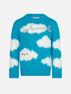 Maglione garzato da bambina con ricamo Tra le nuvole