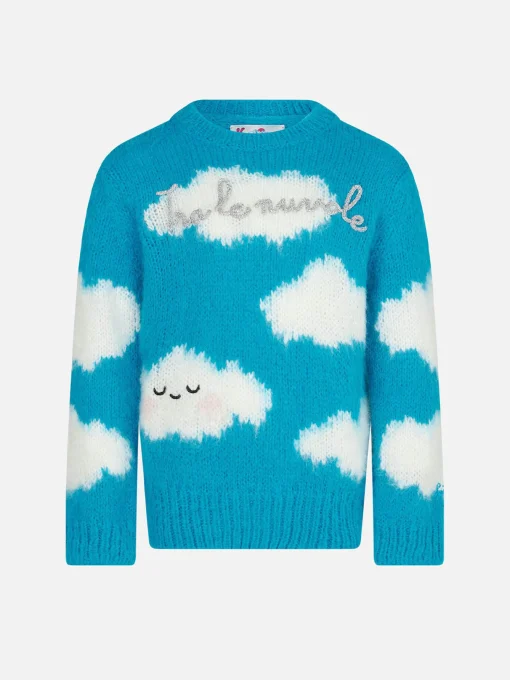 Maglione garzato da bambina con ricamo Tra le nuvole