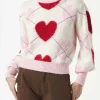 Maglione garzato da donna con jacquard argyle e cuori